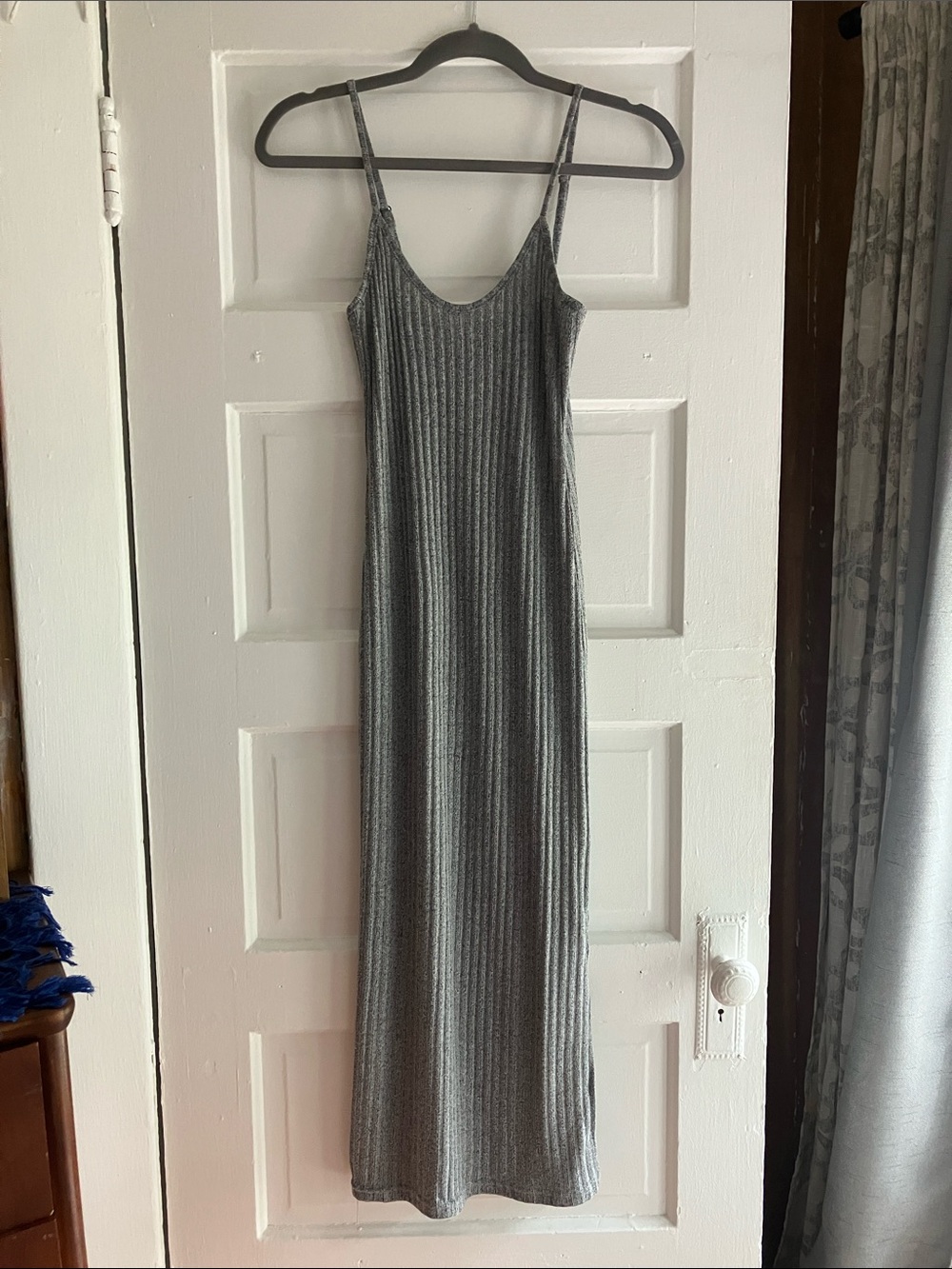 Ribbed Spaghetti-Strap Maxi Dress — Gray